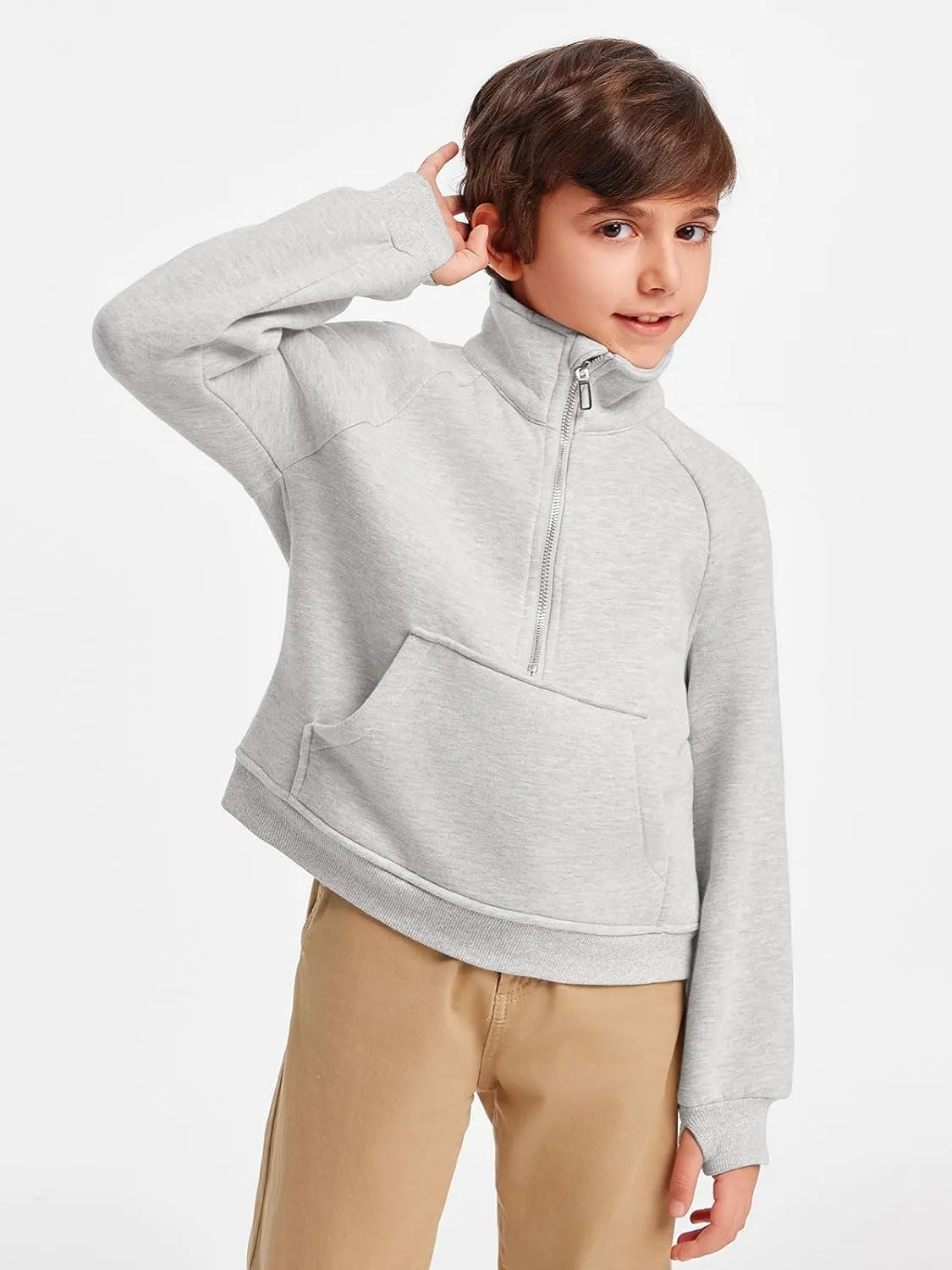 Haloumoning Boys Thumb Hole Sweatshirts Half Zipper Long Sleeve Fleece Pullover with Pockets 5-14 Years