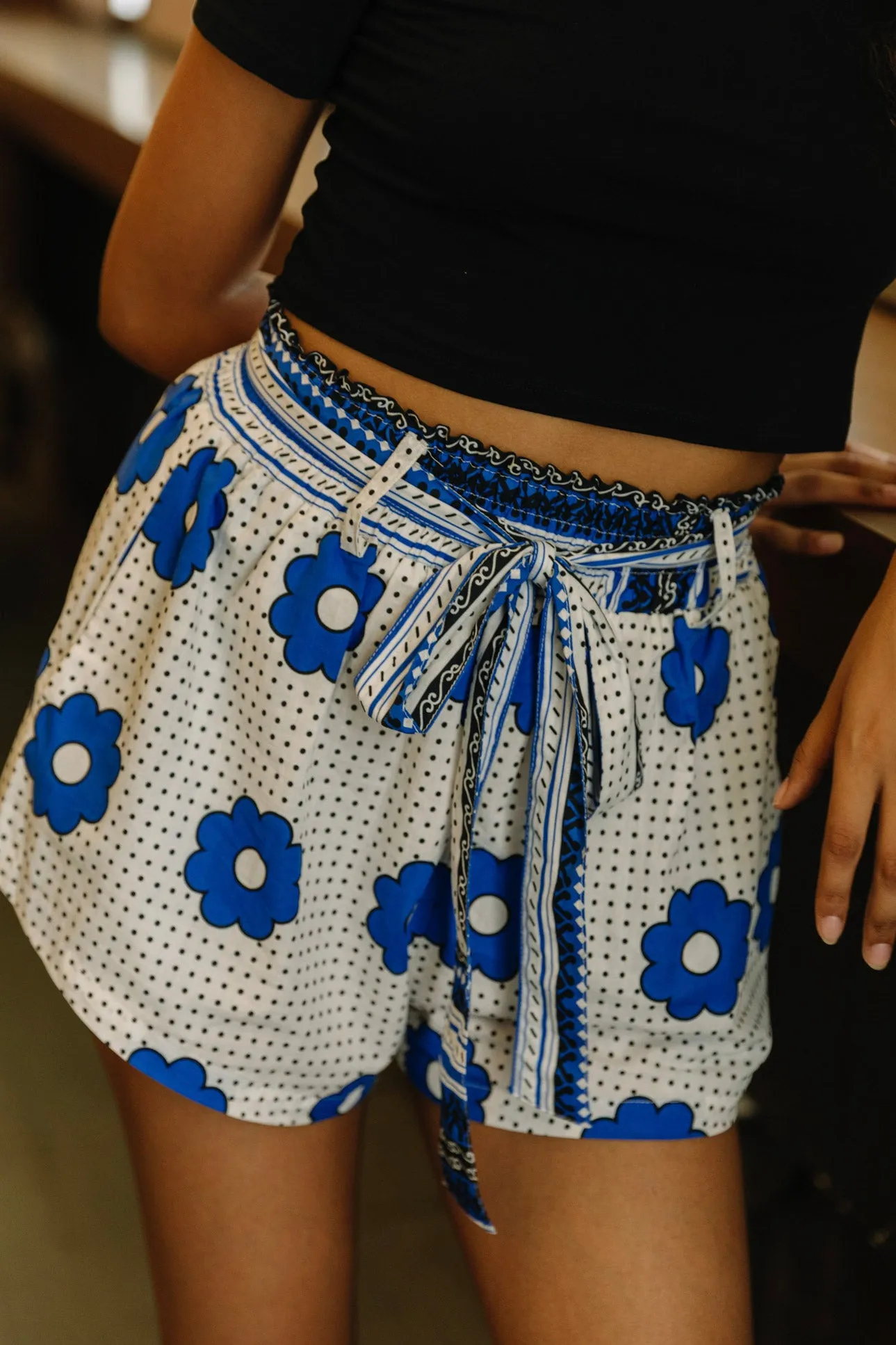 Ifeka Shorts - Blue and white Khanga Print