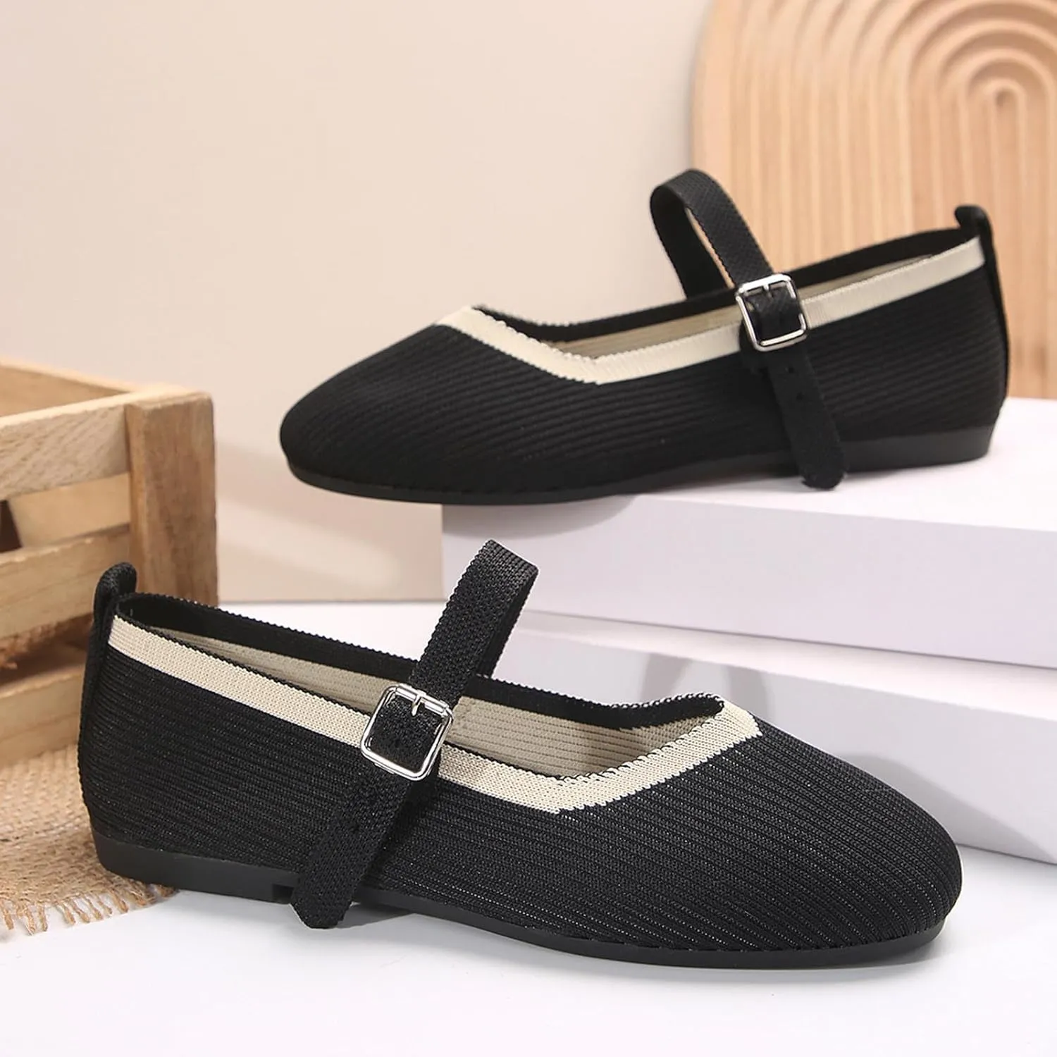 Women's Flat Shoes Flying Weave Round Toe Shallow Mouth Retro Colorblocking One Foot Stirrup Casual Work Single Shoes