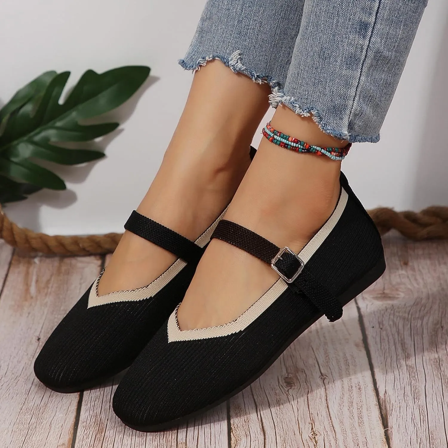 Women's Flat Shoes Flying Weave Round Toe Shallow Mouth Retro Colorblocking One Foot Stirrup Casual Work Single Shoes