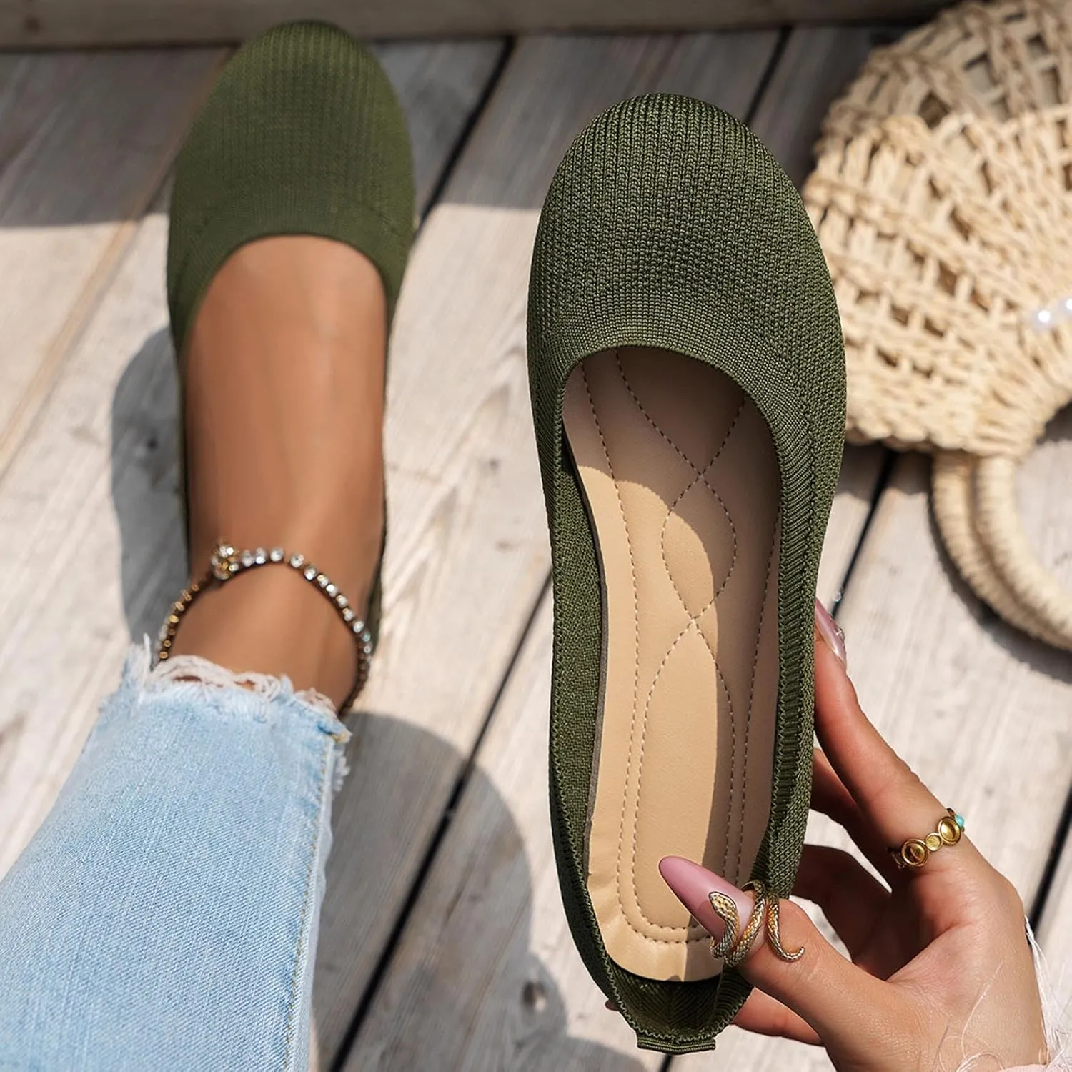 Women's Flat Shoes Flying Weave Round Toe Shallow Mouth Retro Colorblocking One Foot Stirrup Casual Work Single Shoes