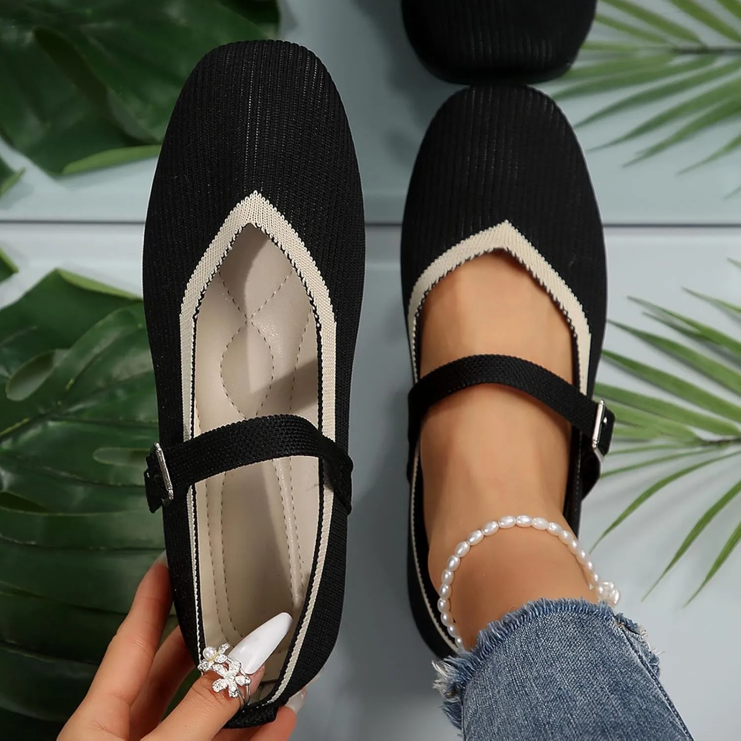 Women's Flat Shoes Flying Weave Round Toe Shallow Mouth Retro Colorblocking One Foot Stirrup Casual Work Single Shoes