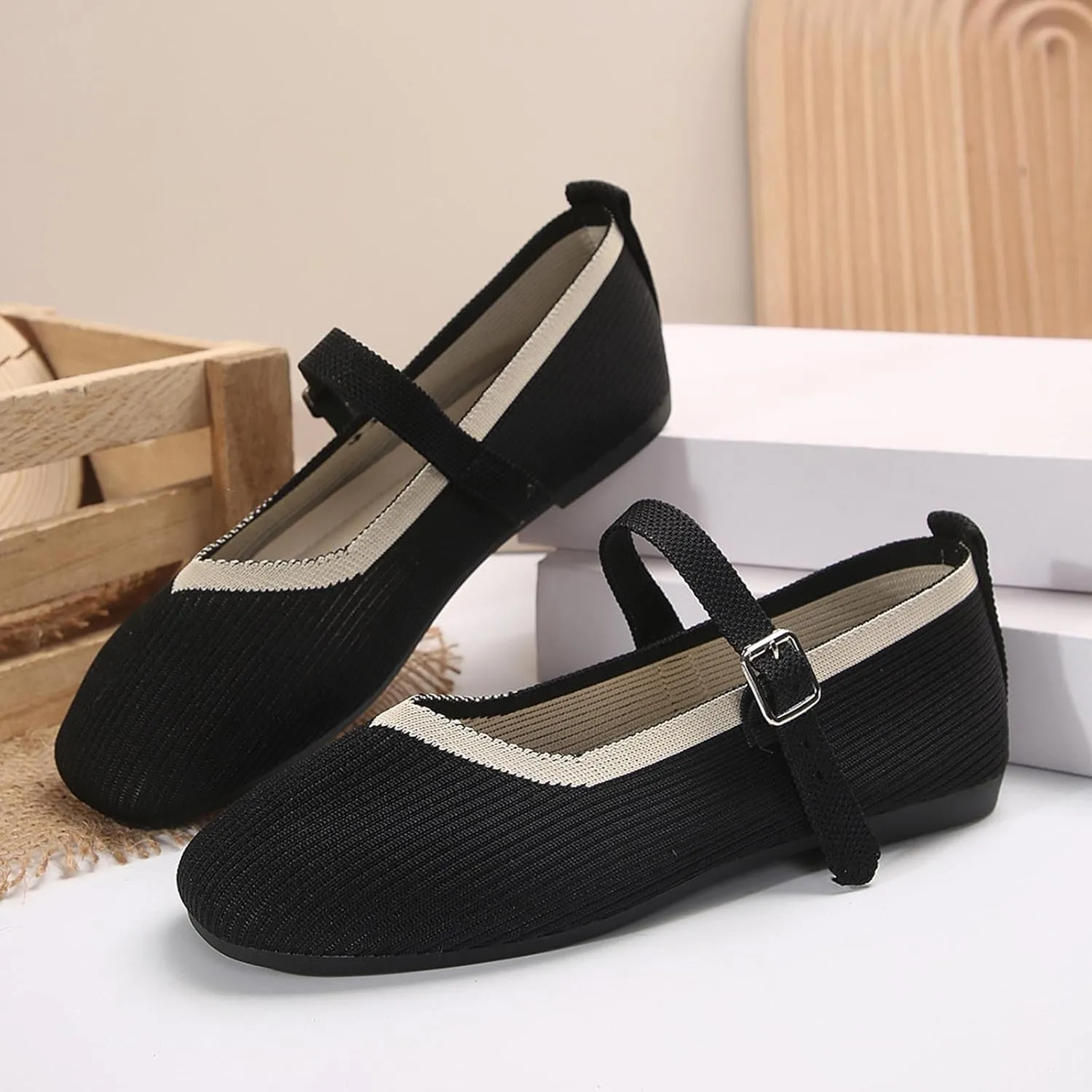Women's Flat Shoes Flying Weave Round Toe Shallow Mouth Retro Colorblocking One Foot Stirrup Casual Work Single Shoes