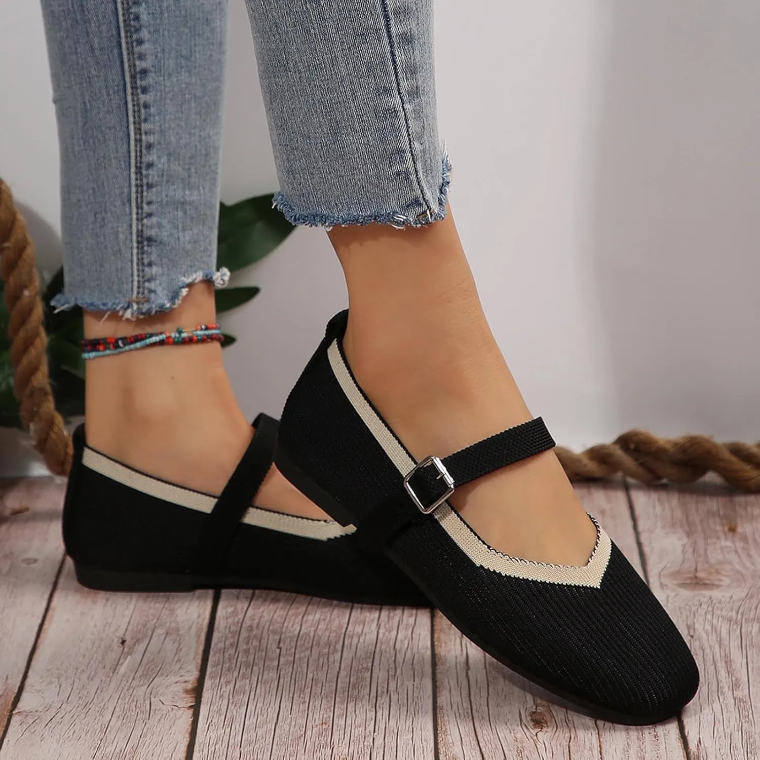 Women's Flat Shoes Flying Weave Round Toe Shallow Mouth Retro Colorblocking One Foot Stirrup Casual Work Single Shoes